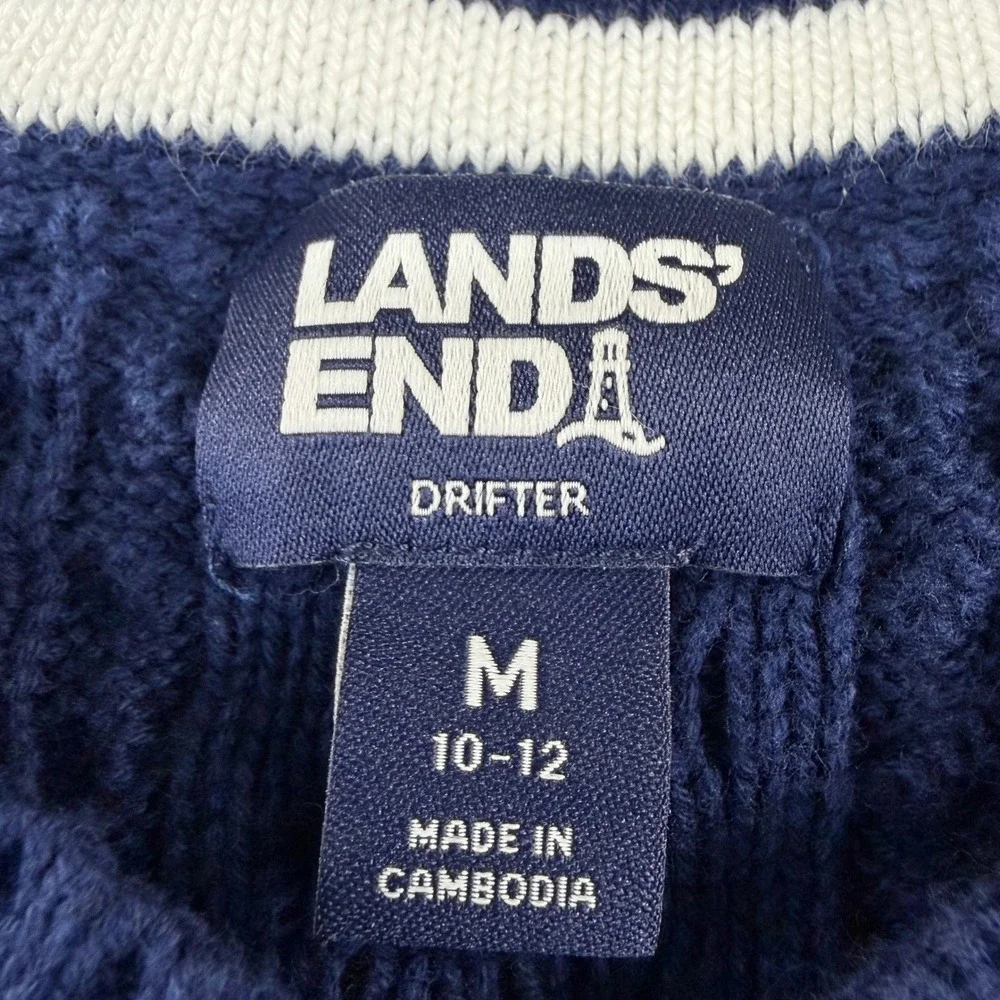 Lands End Drifter Navy Blue Cable Knit Striped V-Neck Sweater Kids M 10-12
